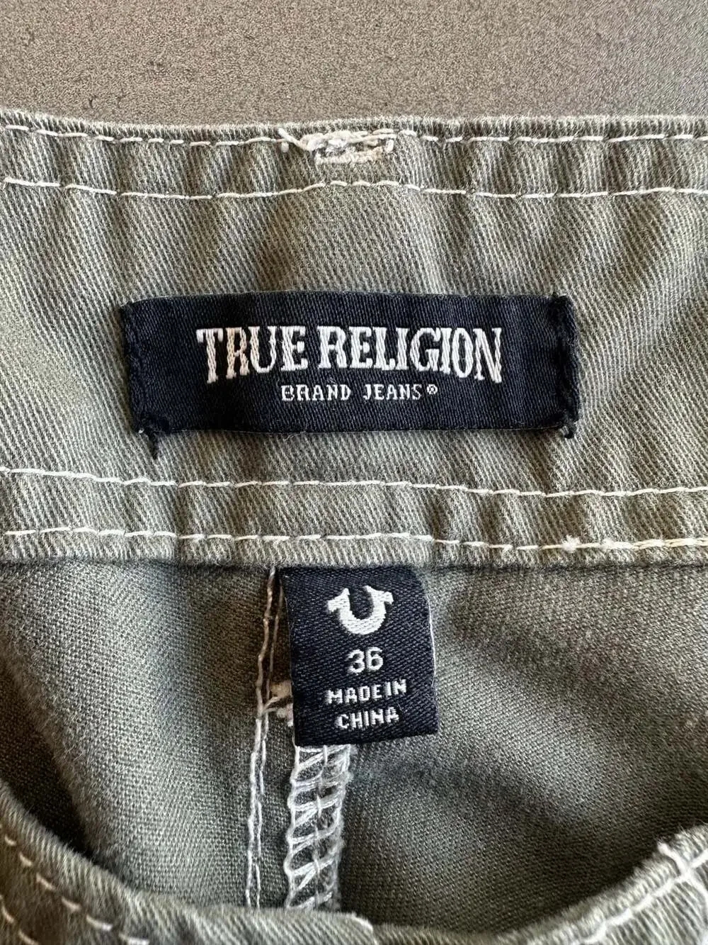 True Religion Olive Green Twill Cargo Pants with Contrast Stitching
